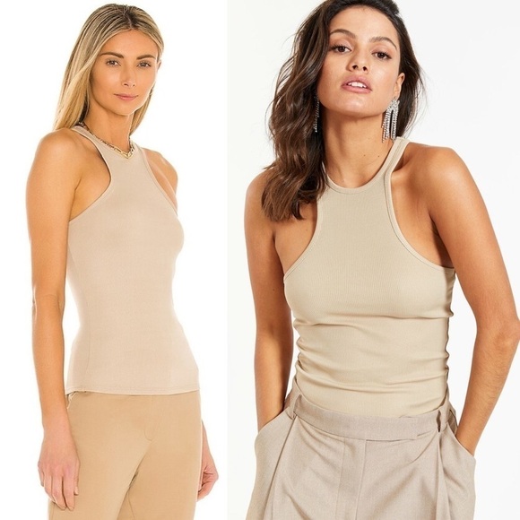 ANINE BING 90s Beige Stretch Rib Knit Sleeveless Sculpting Racerback Tank Top S - Picture 2 of 9